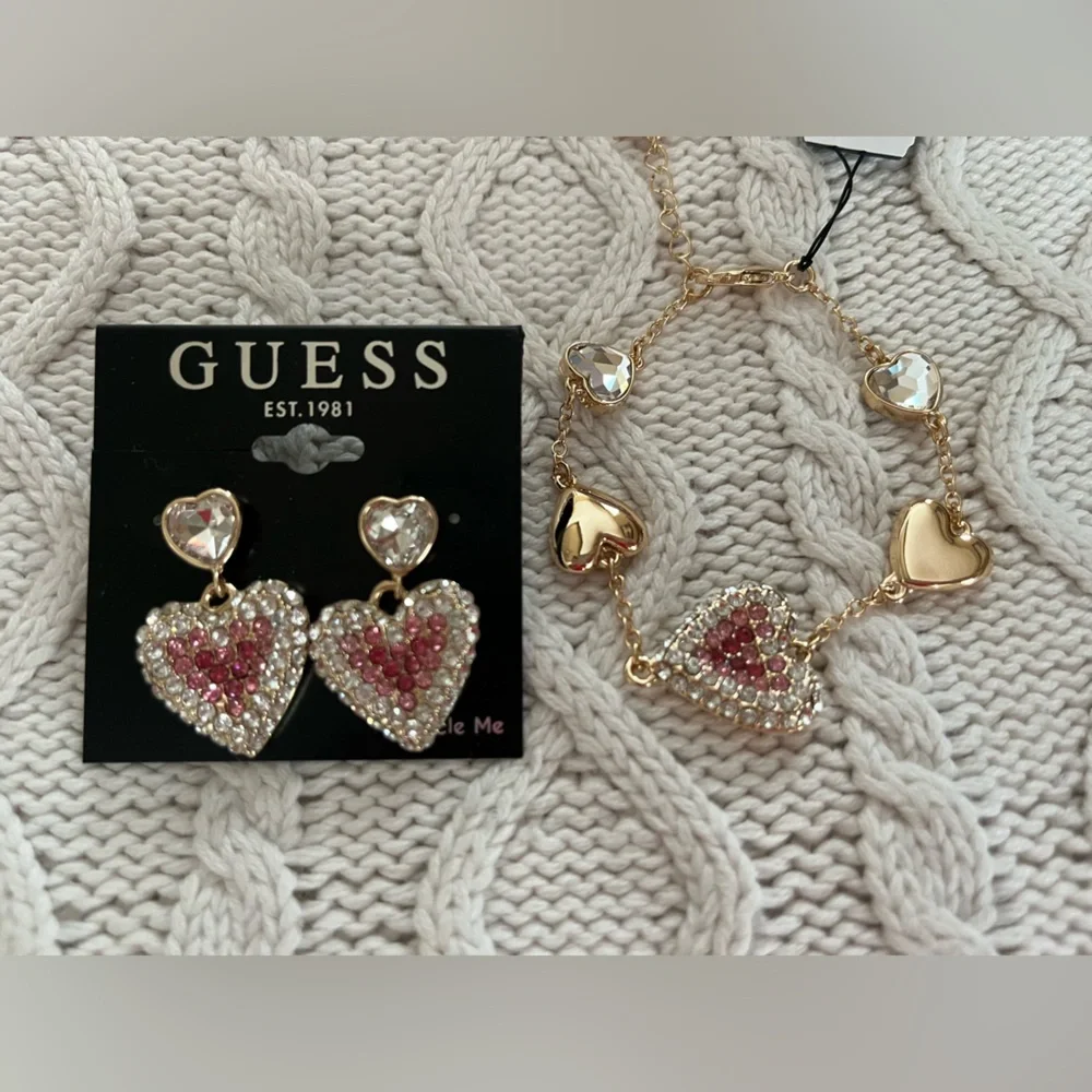 GUESS SET of Gold and Pink Heart Earrings with Matching Bracelet great gift! - Picture 2 of 15